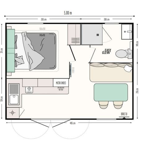 Stacaravan 2 personen - Stacaravan Premium - 1 slaapkamer - halfoverdekt terras met zeezicht