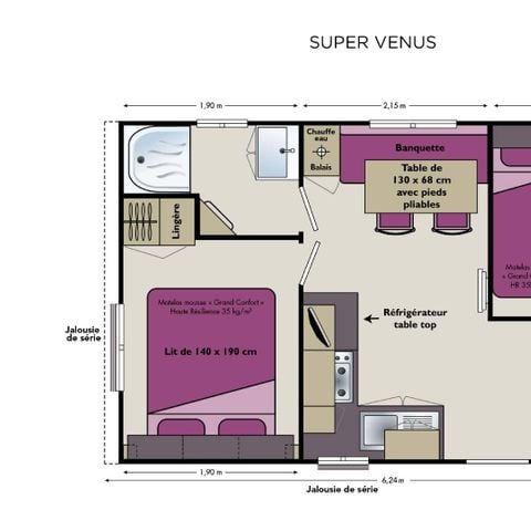 Stacaravan 4 personen - Super Venus 22.9m² - 2 kamers