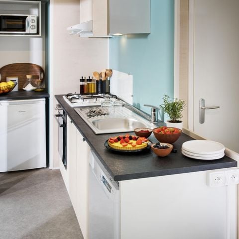 Stacaravan 5 personen - Gezin 2bed-CLIM-terras XXL Couverte-TV-LV-plancha-28m² | PREMIUM