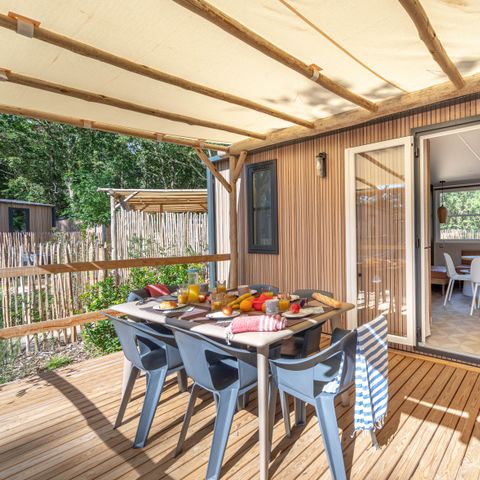 Stacaravan 6 personen - Tuin 3bed-CLIM-bad-TV-LV-overdekt terras-33m² | PREMIUM
