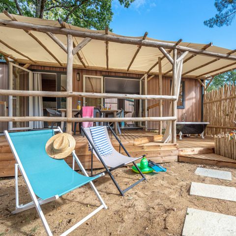 Stacaravan 6 personen - Tuin 3bed-CLIM-bad-TV-LV-overdekt terras-33m² | PREMIUM