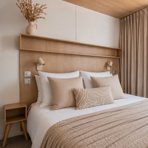 Stacaravan 6 personen - Cocoon - 3 slaapkamers - 2 badkamers - PREMIUM+ - 40 m² - Spa - Airco - Tv - Wasmachine - Plancha - Overdekt terras - Reispakket
