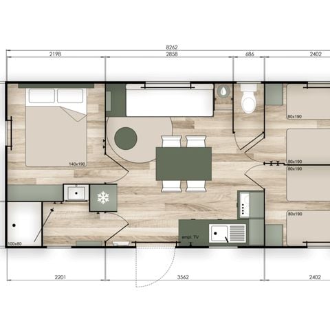 Stacaravan 7 personen - COMFORT - 3 slaapkamers met airconditioning +TV - 2026