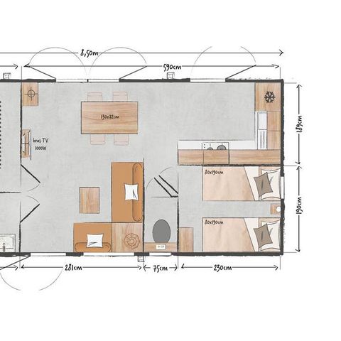 Stacaravan 4 personen - Premium Roseau - 2 slaapkamers, airconditioning, televisie, vaatwasser, verwarmd handdoekenrek en Kluis
