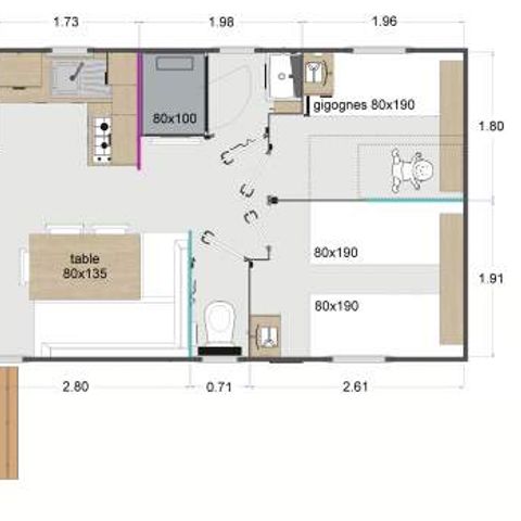 Stacaravan 6 personen - Lodge 83 Confort plus 3 slaapkamers - 28 m² + geïntegreerd terras van 8 m