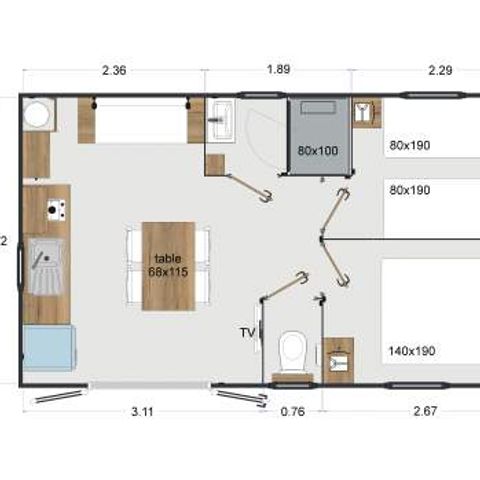 Stacaravan 4 personen - Cabane Surfer 2 slaapkamers - 25 m² + halfoverdekt terras