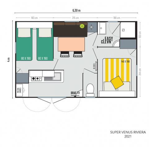 Stacaravan 4 personen - 4 plus - 22m² - 2 kamers, halfoverdekt terras