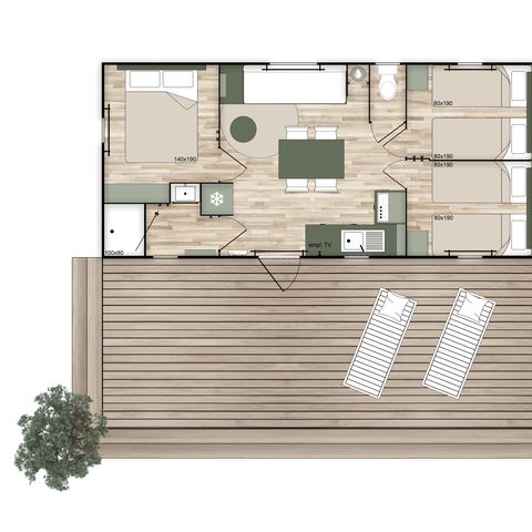 Stacaravan 6 personen - Premium - 33 m² (3 slaapkamers) + Overdekt terras