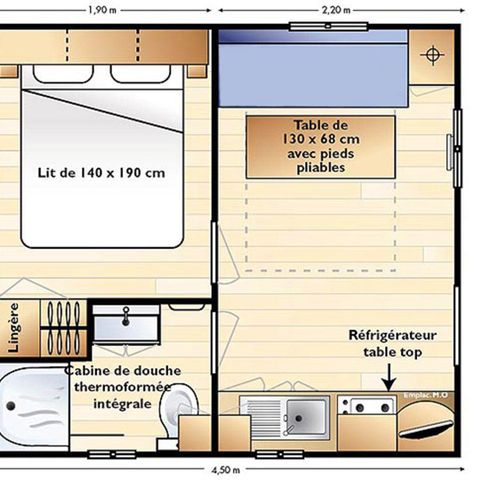 Stacaravan 2 personen - Stacaravan Standaard 21m² 1 kamer + terras 12m² halfoverdekt (9m²) 2 pers