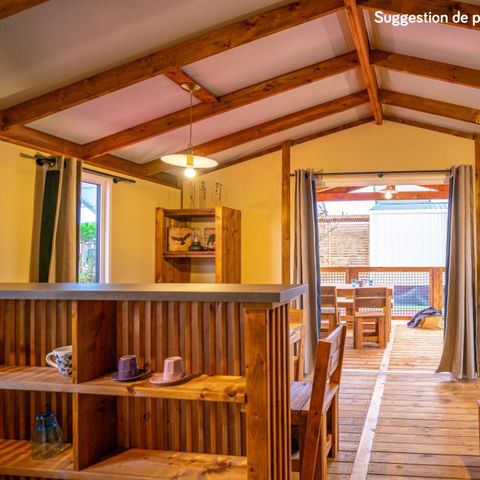Chalet 4 personen - VIP Premium Lodge 34m² - uitzicht op het meer (2 kamers) + TV + lakens + handdoeken + overdekt terras 11m².