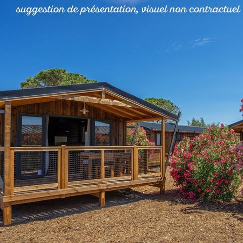 Chalet 4 personen - VIP Premium Lodge 34m² - uitzicht op het meer (2 kamers) + TV + lakens + handdoeken + overdekt terras 11m².