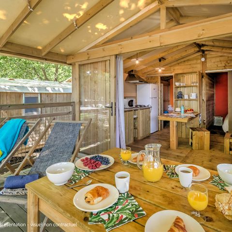 Stacaravan 4 personen - Cosyflower Premium op palen 38m² - 2 kamers + TV + Bedlinnenpakket + handdoeken overdekt terras 11m²