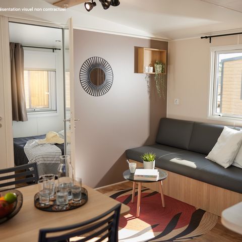 Stacaravan 4 personen - Homeflower Premium 29m² (2 kamers) + CLIM + halfoverdekt terras + TV + Bedlinnenpakket + handdoeken
