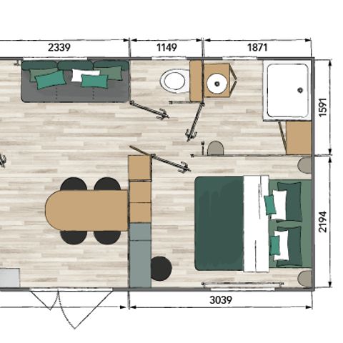 Stacaravan 5 personen - Stacaravan BAMBOO met 2 slaapkamers en airconditioning (33m²)