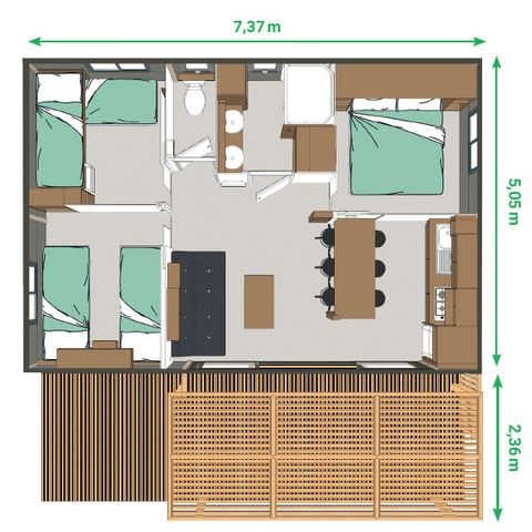 Chalet 6 personen - Comfort 35m² 3 kamers halfoverdekt terras + airconditioning