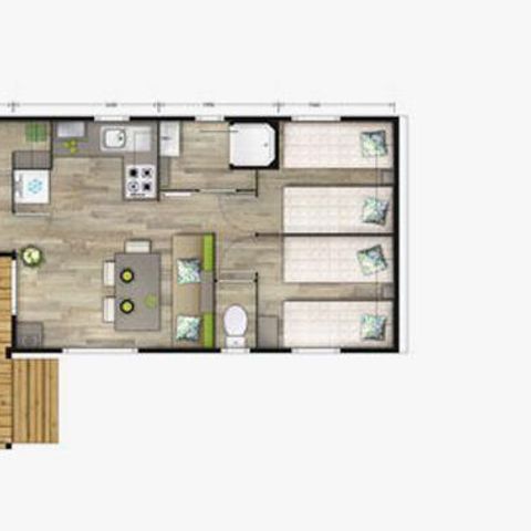 Stacaravan 6 personen - Malaga Trio - 3 Slaapkamers - 30 m2 (+ Half overdekt terras 11 m2) Slaapplaatsen 6