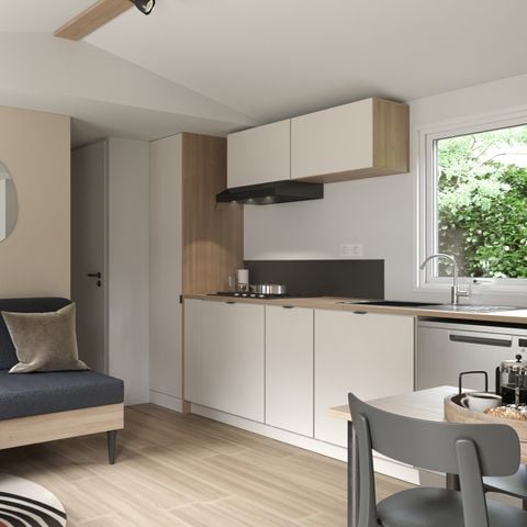Stacaravan 4 personen - COTTAGE Premium 2 slaapkamers 2 badkamers 35 m2 +TV + Afwasmachine + airconditioning + plancha + XL terras