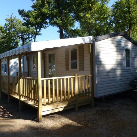 Stacaravan 6 personen - Premium 22-28m² - 2 kamers + TV + Overdekt terras & Bedlinnenpakket aanwezig