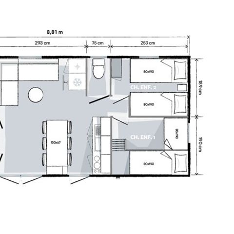 Stacaravan 8 personen - Stacaravan 32m² (3 kamers) + groot 18m² halfoverdekt terras
