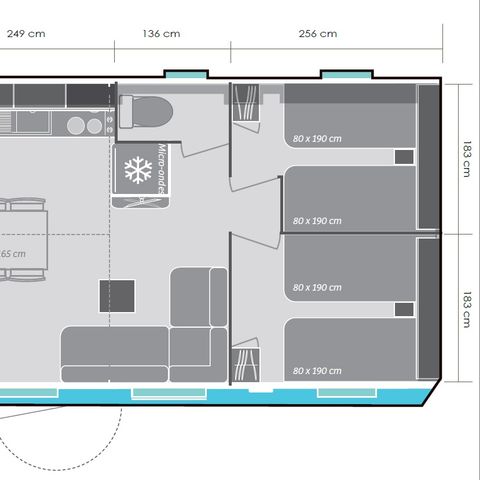 Stacaravan 8 personen - Stacaravan 32m² (3 kamers) + groot 18m² halfoverdekt terras