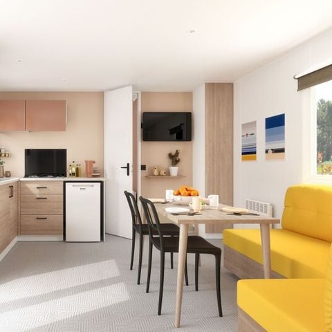 Stacaravan 4 personen - MOBIL HOME CONFORT + DIM 2 slaapkamers met 2 badkamers en 2 toiletten inductiekookplaat vaatwasser haardroger broodrooster televisie waterkoker servies televisie waterkoker