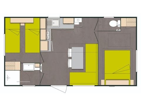 Stacaravan 5 personen - Comfort TV 2bed-TV-overdekt terras- 26m² | COMFORT