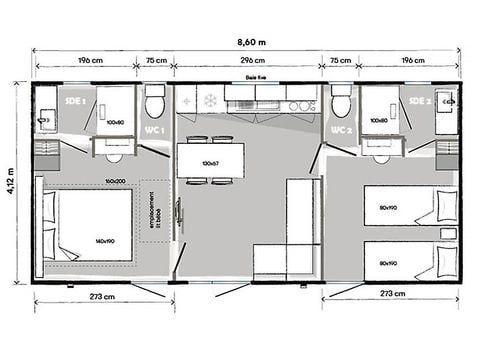 Stacaravan 5 personen - PREMIUM - 2 slaapkamers met airconditioning +TV+Gaskookplaat + 2 badkamers