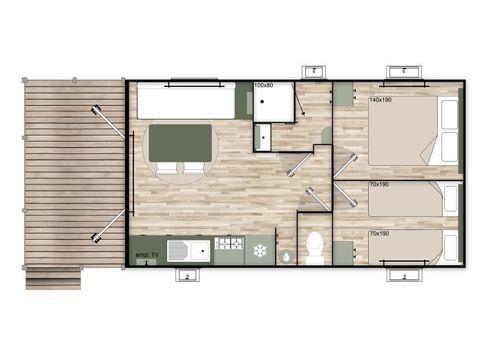 Stacaravan 4 personen - Premium - 35 m² (2 slaapkamers) + Overdekt terras