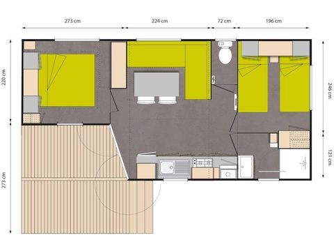 Stacaravan 4 personen - Stacaravan Cottage 27.5m² (2 kamers) (vanaf 13 jaar) + terras + TV 4 pers