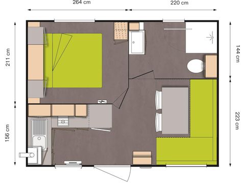 Stacaravan 2 personen - Stacaravan Beach 18.6m² (ouder dan 10 jaar) (1 slaapkamer) + Halfoverdekt houten terras + TV voor 2 personen