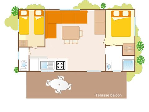 Stacaravan 6 personen - Mobile-home | Comfort | 2 slaapkamers | 4/6 pers. | Terras met verhoogde overkapping, niet overdekt | Airconditioning.