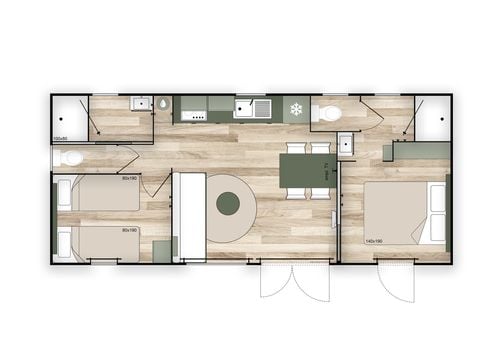 Stacaravan 4 personen - COTTAGE Premium 2 slaapkamers 2 badkamers 35 m2 +TV + Afwasmachine + airconditioning + plancha + XL terras
